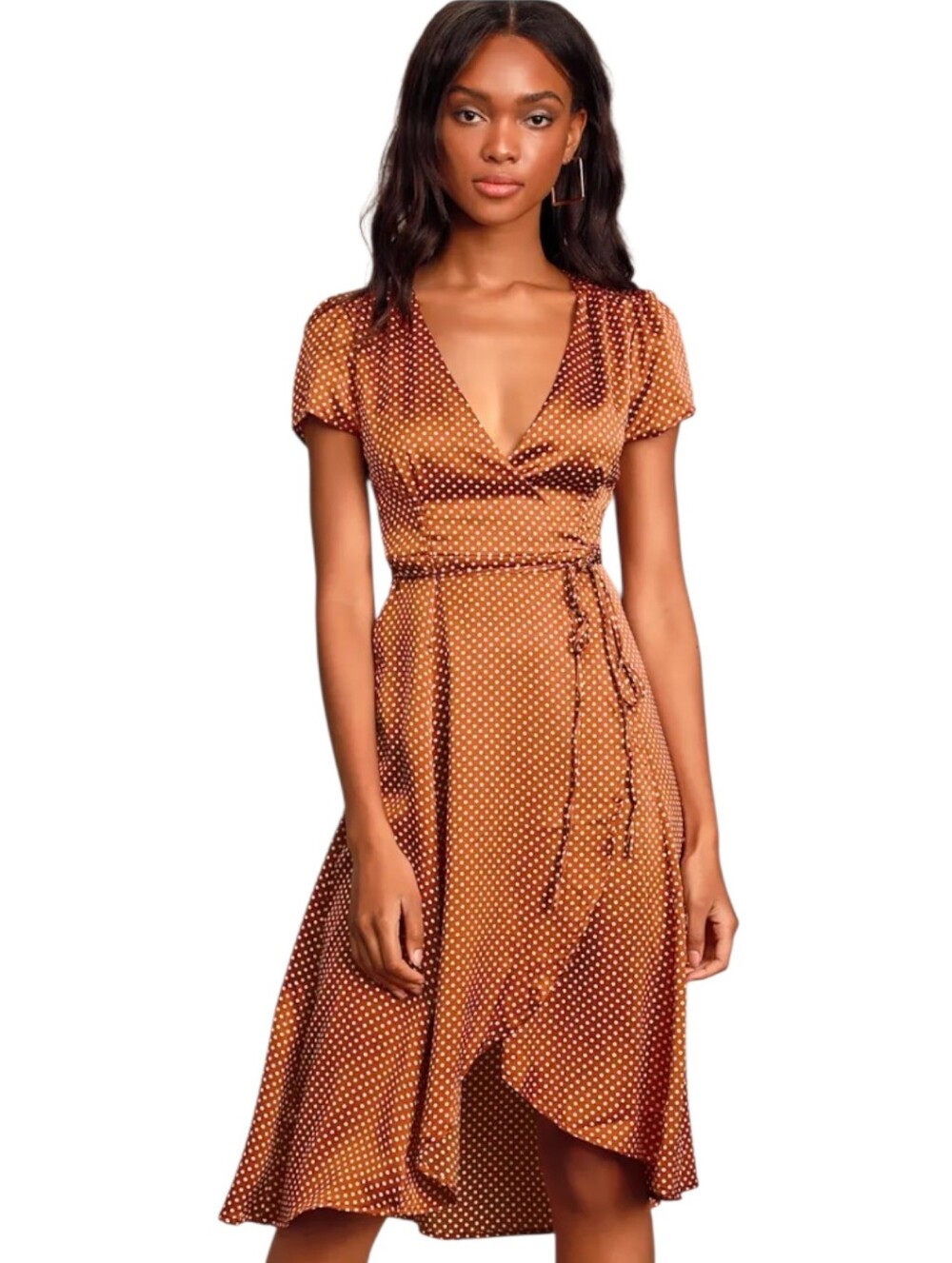lulu's hide and chic rust brown polka dot satin wrap midi dress size S